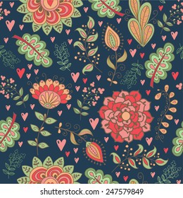 Seamless pattern in vintage style. Doodle flowers, birds, leaves and grass retro design. Can be used for wallpaper, pattern fills, web page background, surface textures. Vector