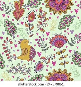 Seamless pattern in vintage style. Doodle flowers, birds, leaves and grass retro design. Can be used for wallpaper, pattern fills, web page background, surface textures. Vector