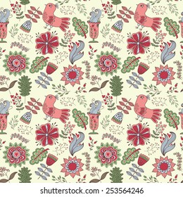 Seamless pattern in vintage style. Doodle flowers, birds, leaves and grass retro design. Can be used for wallpaper, pattern fills, web page background, surface textures. Vector