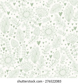 Seamless pattern in vintage style. Doodle flowers,  leaves and grass retro design. Can be used for wallpaper, pattern fills, web page background, surface textures. Vector