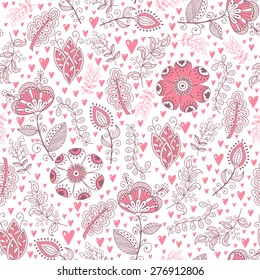 Seamless pattern in vintage style. Doodle flowers,  leaves and grass retro design. Can be used for wallpaper, pattern fills, web page background, surface textures. Vector