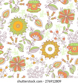 Seamless pattern in vintage style. Doodle flowers,  leaves and grass retro design. Can be used for wallpaper, pattern fills, web page background, surface textures. Vector