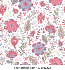 Seamless pattern in vintage style. Doodle flowers,  leaves and grass retro design. Can be used for wallpaper, pattern fills, web page background, surface textures. Vector