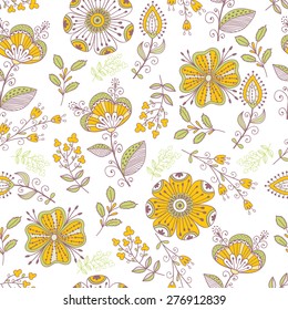 Nahtloses Muster im Vintage-Stil. Doodle Blumen, Blätter und Gras Retro-Design. Kann für Tapeten, Muster Füllungen, Web-Hintergrund, Oberflächenstrukturen verwendet werden. Vektorgrafik