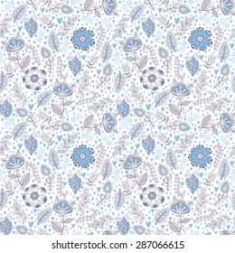 Seamless pattern in vintage style. Doodle flowers, leaves and grass retro design. Can be used for wallpaper, pattern fills, web page background, surface textures. Vector