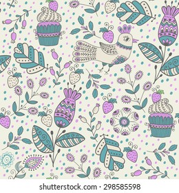 Seamless pattern in vintage style. Doodle flowers, birds, leaves and grass retro design. Can be used for wallpaper, pattern fills, web page background, surface textures