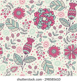 Seamless pattern in vintage style. Doodle flowers, leaves and grass retro design. Can be used for wallpaper, pattern fills, web page background, surface textures
