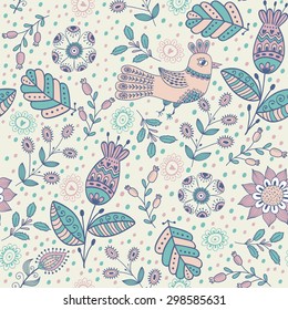 Seamless pattern in vintage style. Doodle flowers, birds, leaves and grass retro design. Can be used for wallpaper, pattern fills, web page background, surface textures