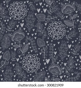 Seamless pattern in vintage style. Doodle flowers, birds, leaves and grass retro design. Can be used for wallpaper, pattern fills, web page background, surface textures