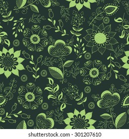 Seamless pattern in vintage style. Doodle flowers, birds, leaves and grass retro design. Can be used for wallpaper, pattern fills, web page background, surface textures. Vector