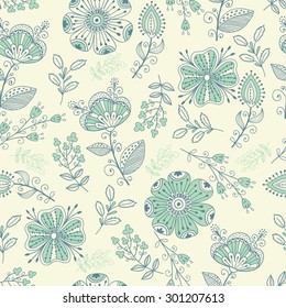 Seamless pattern in vintage style. Doodle flowers, birds, leaves and grass retro design. Can be used for wallpaper, pattern fills, web page background, surface textures. Vector