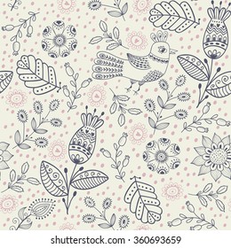Seamless pattern in vintage style. Doodle flowers, leaves and grass retro design. Can be used for wallpaper, pattern fills, web page background, surface textures