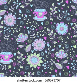 Seamless pattern in vintage style. Doodle flowers, leaves and grass retro design. Can be used for wallpaper, pattern fills, web page background, surface textures