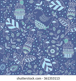 Seamless pattern in vintage style. Doodle flowers, leaves and grass retro design. Can be used for wallpaper, pattern fills, web page background, surface textures