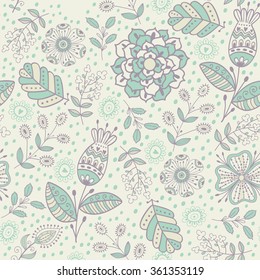 Seamless pattern in vintage style. Doodle flowers, leaves and grass retro design. Can be used for wallpaper, pattern fills, web page background, surface textures