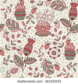 Seamless pattern in vintage style. Doodle flowers, leaves and grass retro design. Can be used for wallpaper, pattern fills, web page background, surface textures