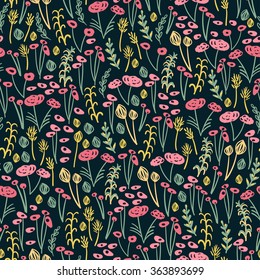 Seamless pattern in vintage style. Doodle flowers, leaves and grass retro design. Can be used for wallpaper, pattern fills, web page background, surface textures. Vector illustration.