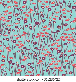 Seamless pattern in vintage style. Doodle flowers, leaves and grass retro design. Can be used for wallpaper, pattern fills, web page background, surface textures. Vector illustration.