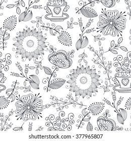Seamless pattern in vintage style. Doodle flowers, leaves and grass retro design. Can be used for wallpaper, pattern fills, web page background, surface textures
