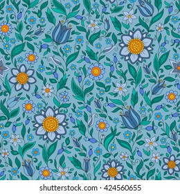 Seamless pattern in vintage style. Doodle flowers, leaves and grass retro design. Can be used for wallpaper, pattern fills, web page background, surface textures