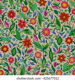 Seamless pattern in vintage style. Doodle flowers, leaves and grass retro design. Can be used for wallpaper, pattern fills, web page background, surface textures