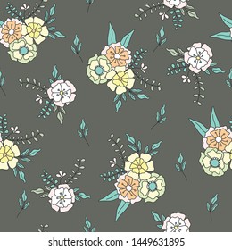 seamless pattern of vintage style flower on dark grey background, vector illustration