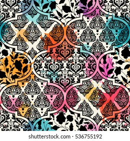 Seamless pattern in vintage style. Patchwork ornament with decorative  elements