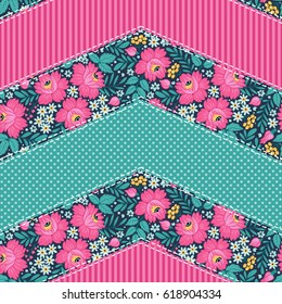 Seamless pattern in vintage style. Patchwork decorative ornament with floral elements