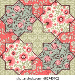 Seamless pattern in vintage style. Patchwork decorative ornament with floral elements