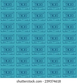 Seamless pattern in vintage style. Silhouette of audio cassettes on a blue background. Vector