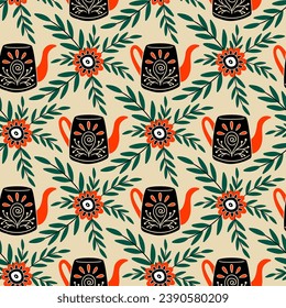 Seamless pattern in vintage style. Teapot with ornament, floral elements. Folk mood. Faded colors, black and orange. Vector illustration.