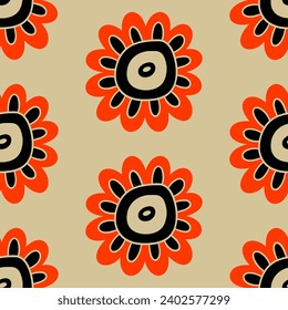 Patrón sin foco en el estilo vintage. Tetera con adorno, elementos florales. Humor popular. Colores floridos, negros y naranjas. 