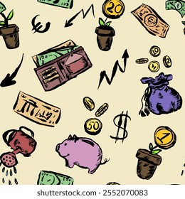 Seamless pattern. Vintage style.Hand drawn brush strokes, ink. Doodle with texture. Coins and wallet. Growth of money. Piggy bag and arrows. Vector isolated.