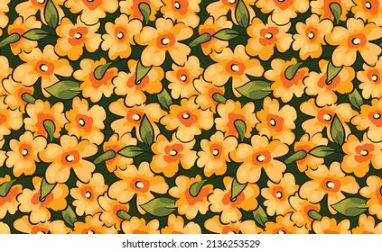Seamless pattern with vintage summer meadow. Romantic floral print with a dense field of hand-drawn yellow flowers and leaves. Cute botanical background in fresh colors. Vector illustration.