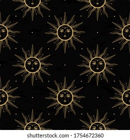 Seamless pattern with the vintage sun on black background. Vector illustration