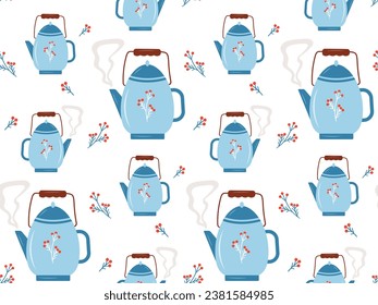 Seamless pattern with a vintage teapot with steam coming out of it. Blue teapot with a branch of berries and steam on a white background. Vector illustration for wallpaper, wrapping paper, textile.