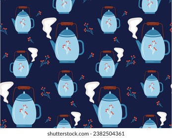 Seamless pattern with a vintage teapot with steam coming out of it. Blue teapot with a branch of berries and steam on a dark blue background. Vector illustration for wallpaper, wrapping paper, textile