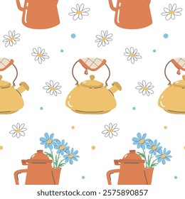 Seamless pattern with vintage teapots and flowers