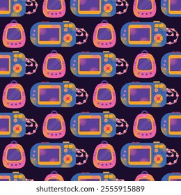 Seamless pattern with vintage tech gadgets and devices handheld consoles, cassette, mobile phones music players background. Retro digital illustration in 90s style. Set of stickers