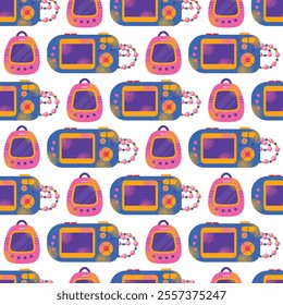 Seamless pattern with vintage tech gadgets and devices handheld consoles, cassette, mobile phones music players background. Retro digital illustration in 90s style. Set of stickers