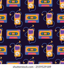 Seamless pattern with vintage tech gadgets and devices handheld consoles, cassette, mobile phones music players background. Retro digital illustration in 90s style. Set of stickers