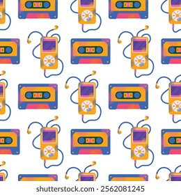 Seamless pattern with vintage tech gadgets and devices handheld consoles, cassette, mobile phones music players background. Retro digital illustration in 90s style. Set of stickers