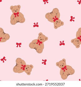Patrón sin fisuras con osos de peluche vintage que llevan arcos sobre un fondo rosa. Perfecto para ropa de bebé, decoración de vivero, envoltura de regalo, scrapbooking y acogedor estampado textil retro.