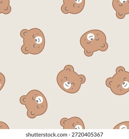 Patrón sin fisuras con la cara de los osos de peluche vintage sobre un fondo beige. Perfecto para ropa de bebé, decoración de vivero, envoltura de regalo, scrapbooking, y acogedores diseños textiles retro