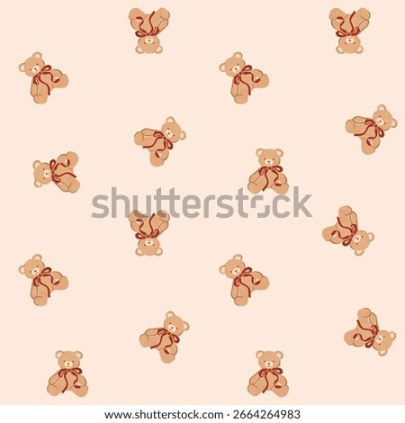 Seamless pattern with vintage teddy bears wearing bows on a beige background. Perfect for baby clothes, nursery decor, gift wrap, scrapbooking, and cozy retro textile designs.
