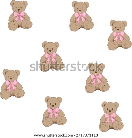 Seamless pattern with vintage teddy bears wearing bows on a white background. Perfect for kids fabric print, nursery decor, gift wrap, scrapbooking, and cozy retro textile designs.