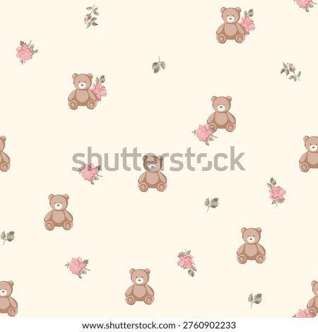 Seamless pattern with vintage teddy bears and floral rose on a beige background. Perfect for kids clothes, nursery decor, gift wrap, scrapbooking, and textile designs.