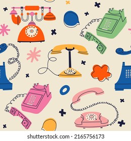 Seamless pattern with vintage telephones. Flat vector pattern wallpaper with retro gadgets for textile and fabric. Isolated dial telephone, wireless telephone, phone systems, handset, desk phone.