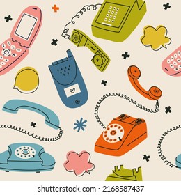 Seamless pattern with vintage telephones. Flat vector pattern wallpaper with retro gadgets for textile and fabric. Isolated dial telephone, wireless telephone, phone systems, handset, desk phone.