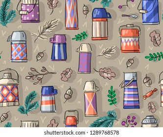 Seamless pattern with vintage thermos